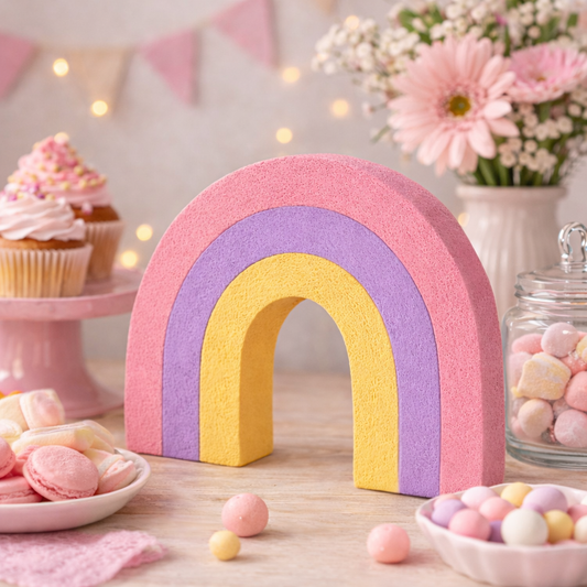Pastel pink rainbow centerpiece for rainbow birthday party table decoration