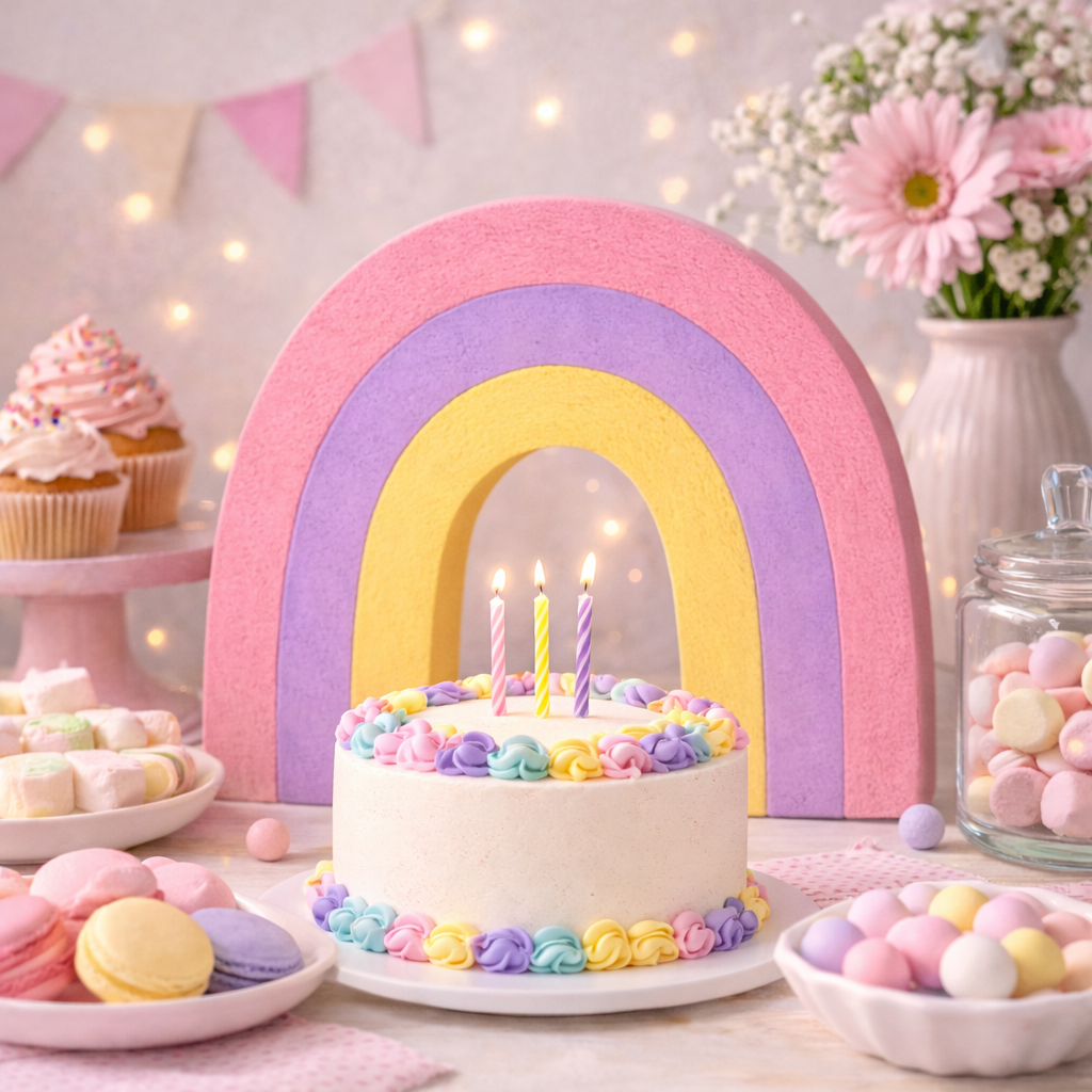 Pastel pink rainbow centerpiece decoration for rainbow birthday party table