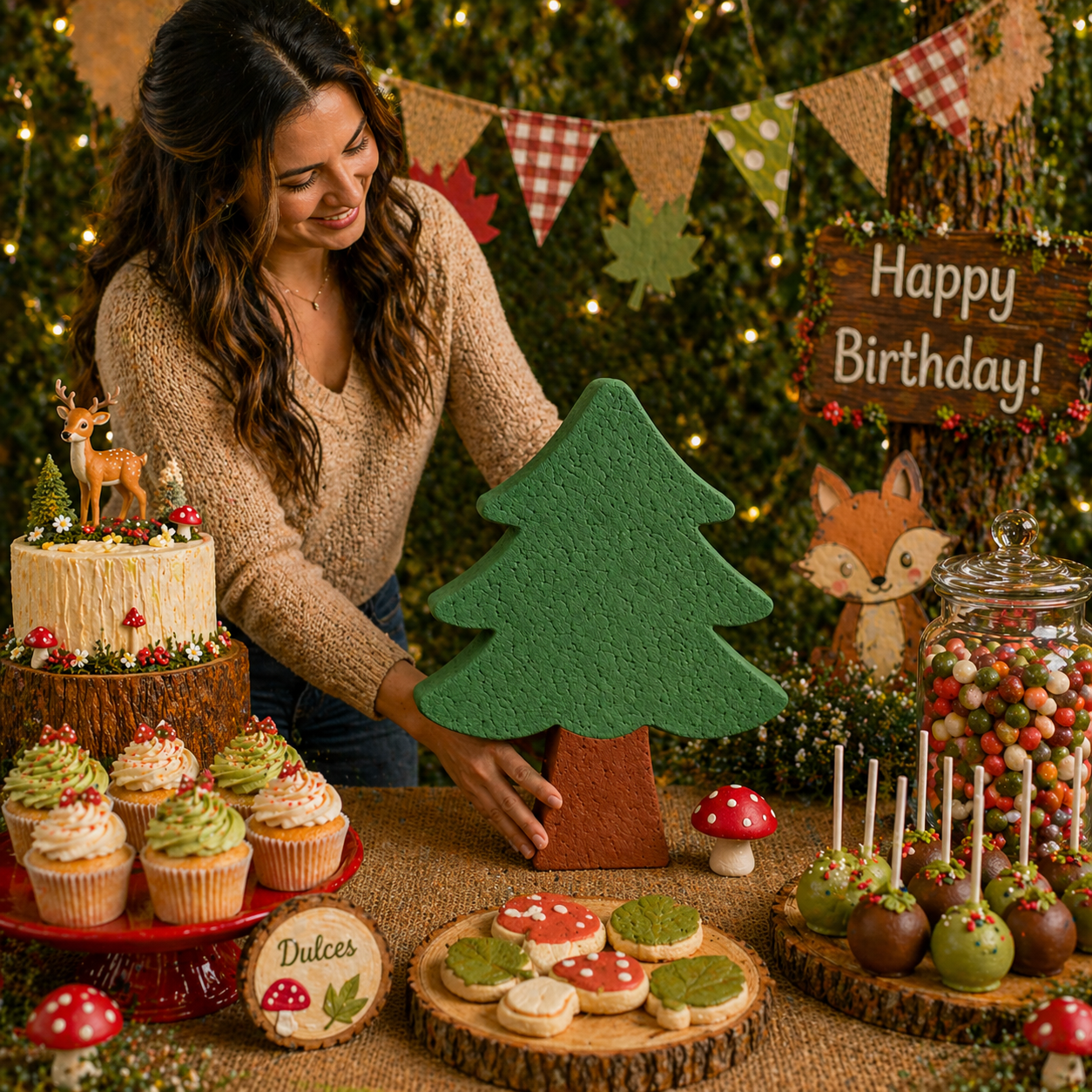 Pine tree cutout centerpiece used for woodland birthday party table with forest theme decor

