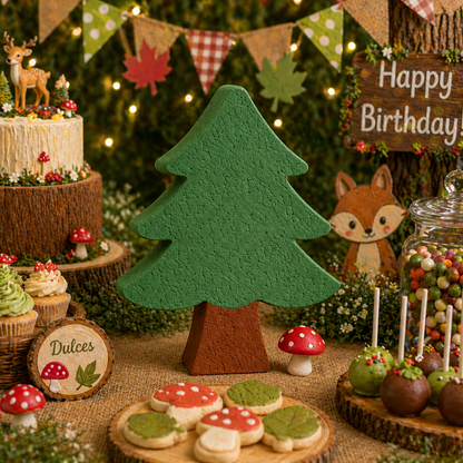 Pine tree centerpiece for forest birthday party table with nature themed decoration setup

