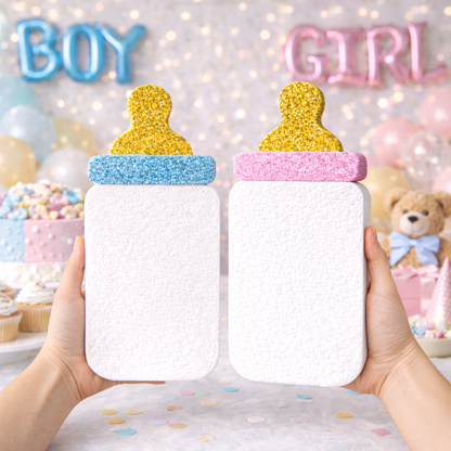 Pink and blue baby bottle cutouts for baby boy and girl baby shower decorations


