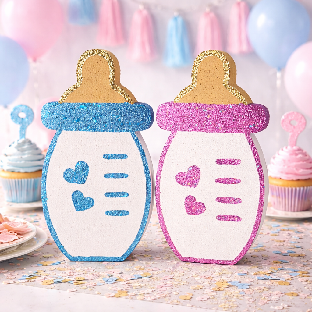 Pink and blue baby bottle decorations for baby shower party table setup
