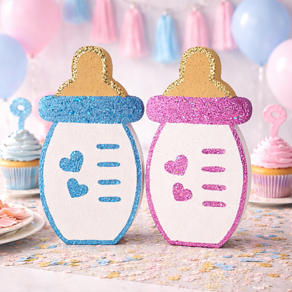 Pink and blue baby bottle decorations for baby shower party table setup