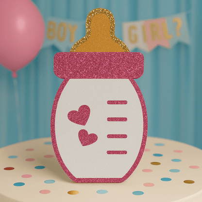 Pink glitter baby bottle centerpiece handmade foam décor for baby shower or gender reveal table setup