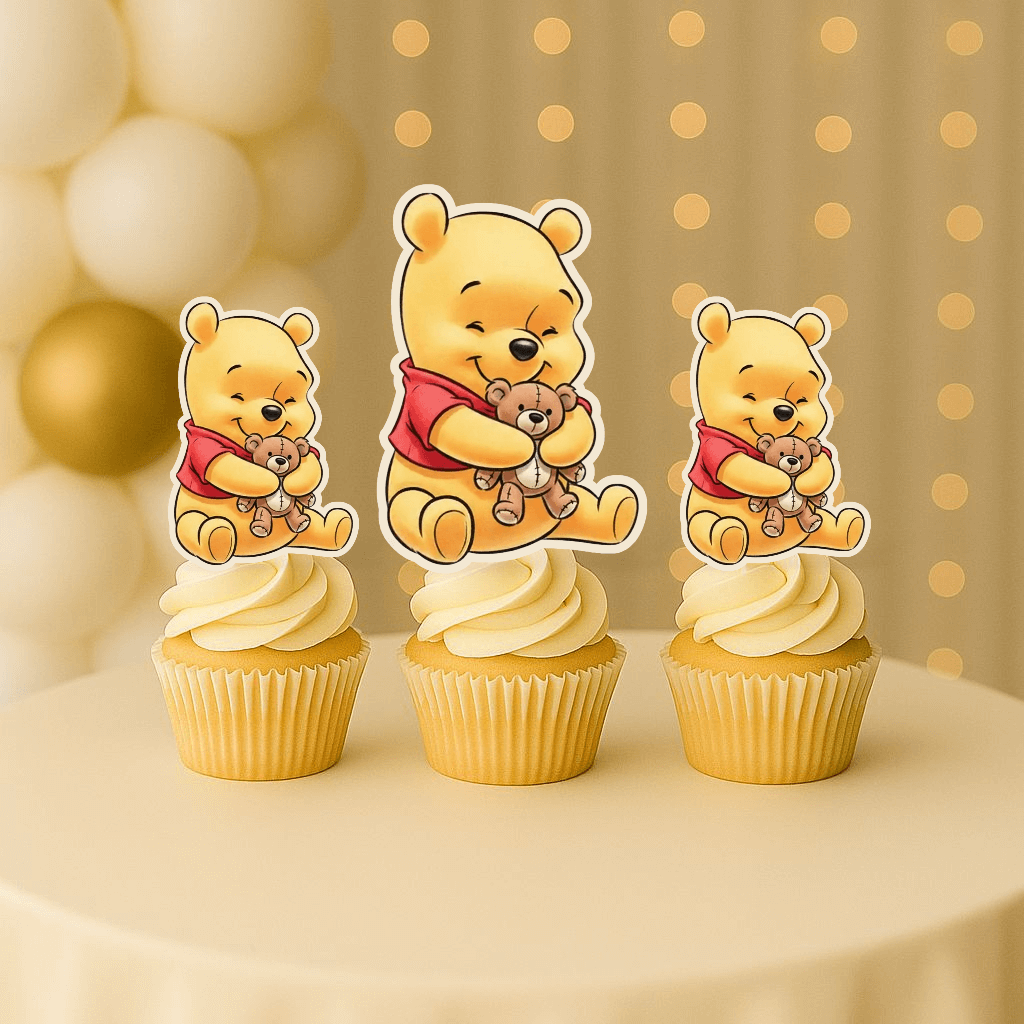 Pooh Bear cupcake topper hugging teddy bear photo paper decoration