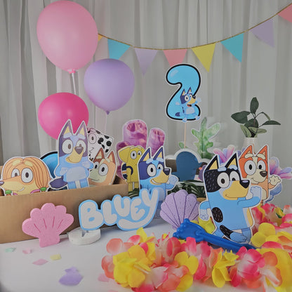 Personalized Bluey cake topper cutouts and party centerpieces in foam.