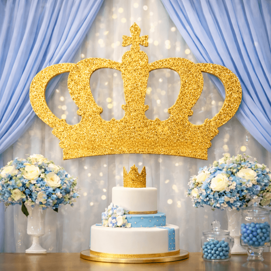 gold king crown centerpiece for prince birthday decorations and royal birthday party decor

