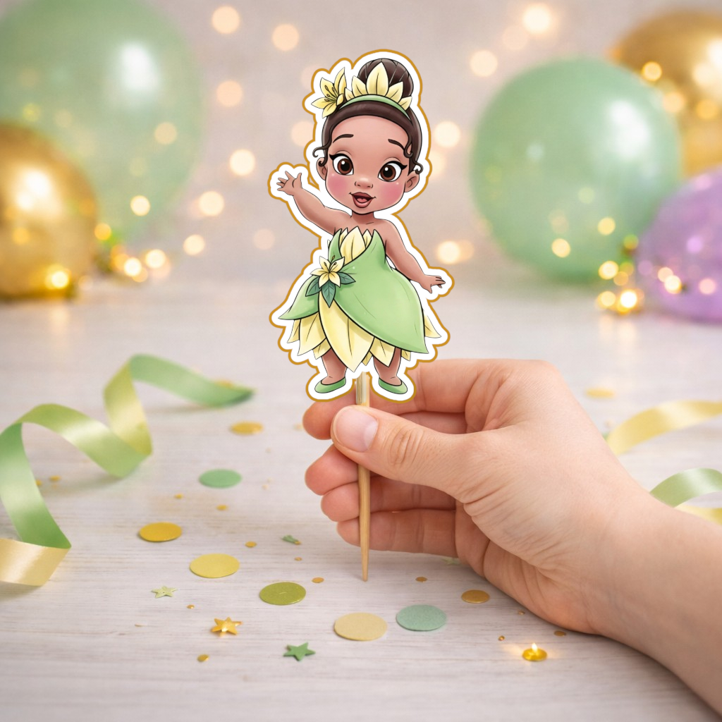 hand holding princess tiana birthday cake topper decoration for princess and the frog themed birthday party