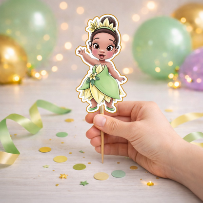 hand holding princess tiana birthday cake topper decoration for princess and the frog themed birthday party