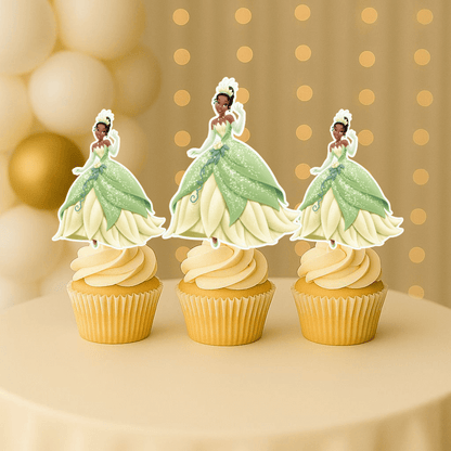 Princess Tiana cupcake topper with arms up – handmade tiana birthday decorations for princess-themed parties.

