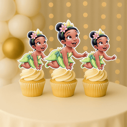 Crawling Baby Princess Tiana cupcake topper – handmade tiana cupcake toppers for princess birthday decorations.