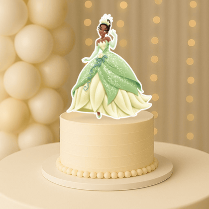 Princess Tiana wearing golden tiara cake topper for princess birthday cake decoration