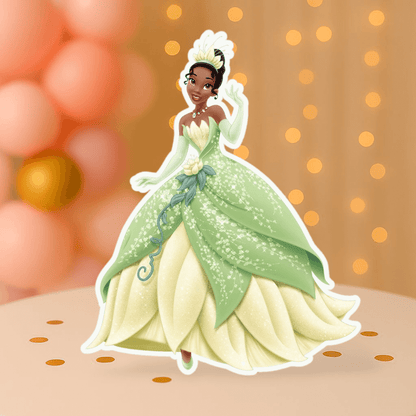 Princess Tiana cutout centerpiece in green dress – princess tiana birthday decorations for kids’ parties.