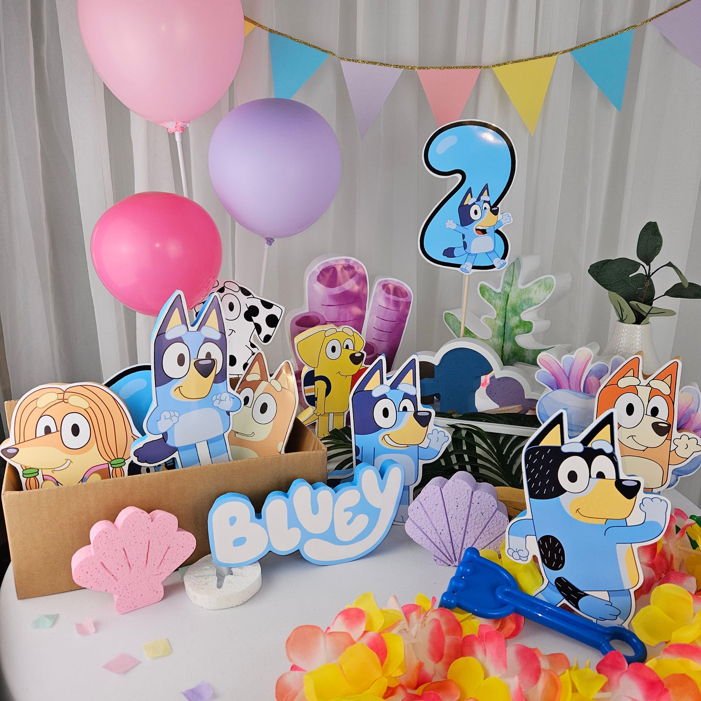 Printable Bluey party decorations and cutouts for fun DIY birthday setups.