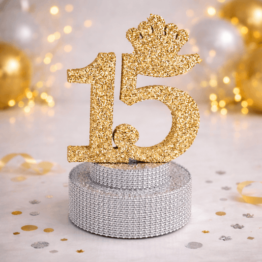 Gold glitter quinceañera centerpiece with crown number 15 handmade decoration

