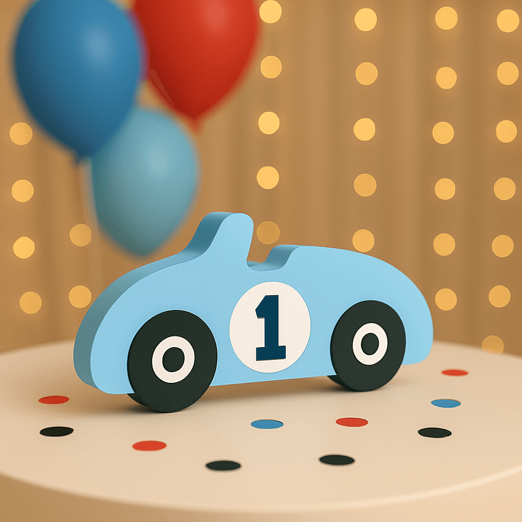 Lightweight foam race car centerpiece for car-themed parties.