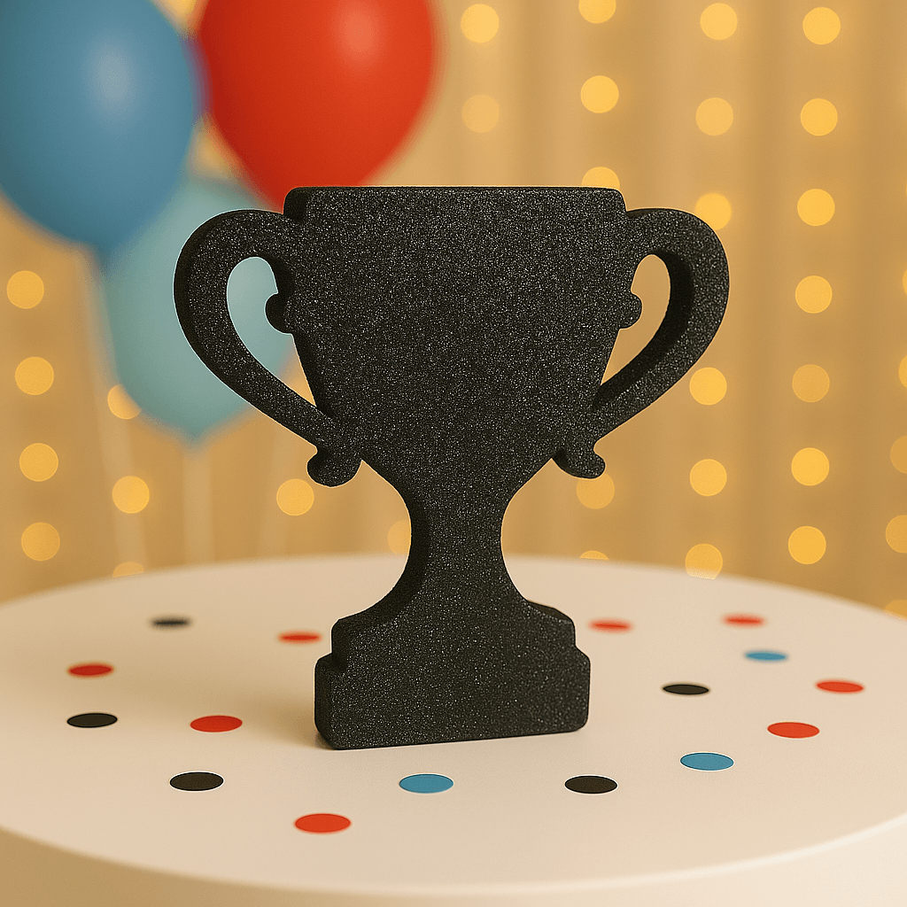 Foam trophy centerpiece for race car themed party décor.