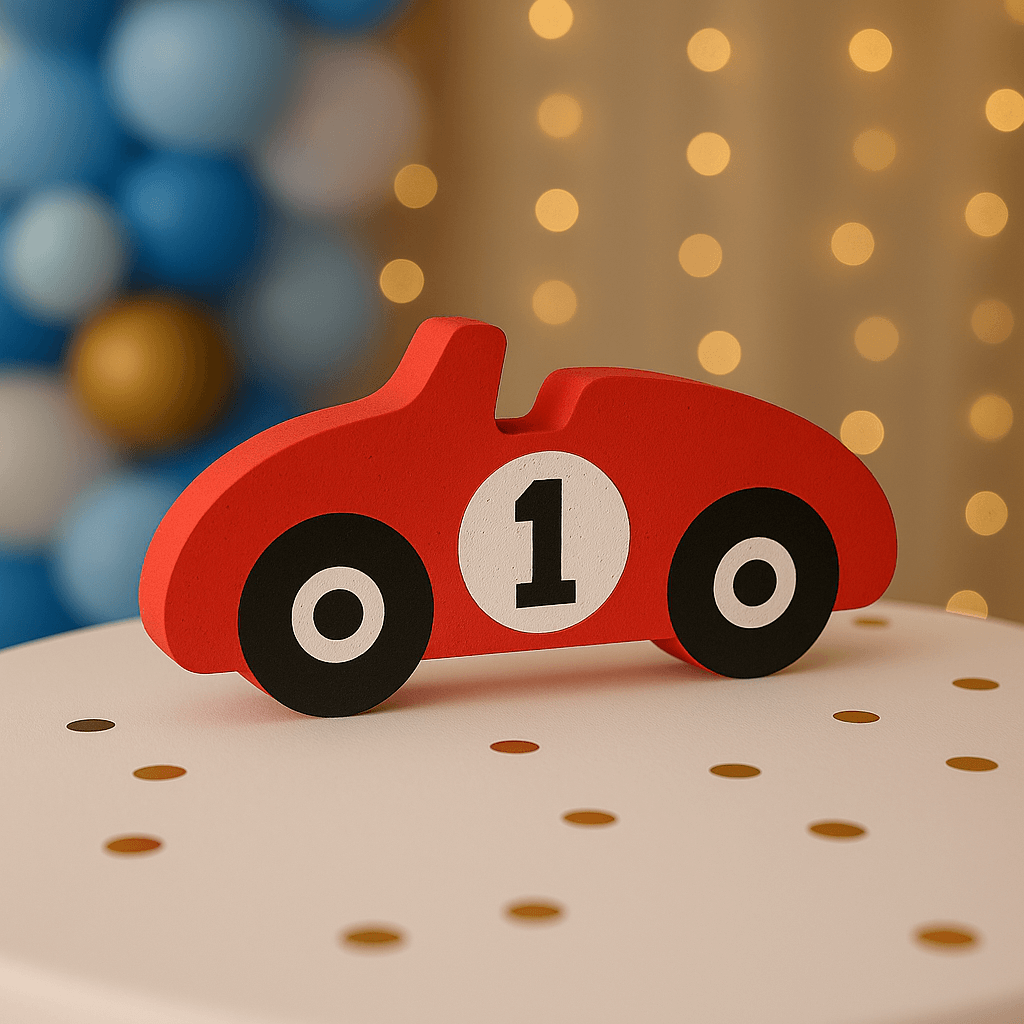 Handmade race car centerpiece for racing birthday party decorations.