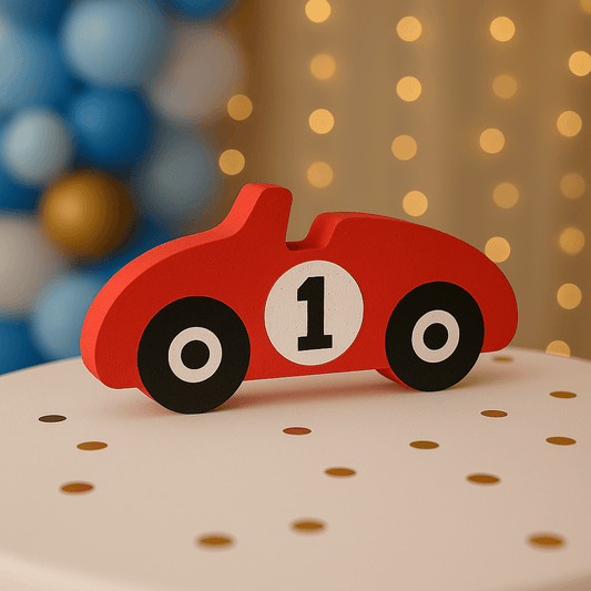 Handmade race car centerpiece for racing birthday party decorations.