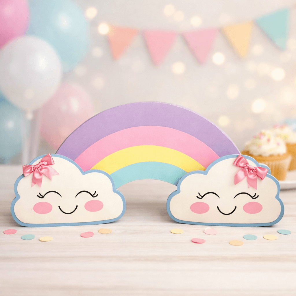 Rainbow centerpiece with clouds for rainbow birthday decorations and party table decor

