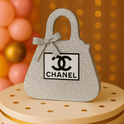 Sparkling silver Chanel birthday decorations with glitter, perfect for Chanel inspired party décor and stylish celebrations.