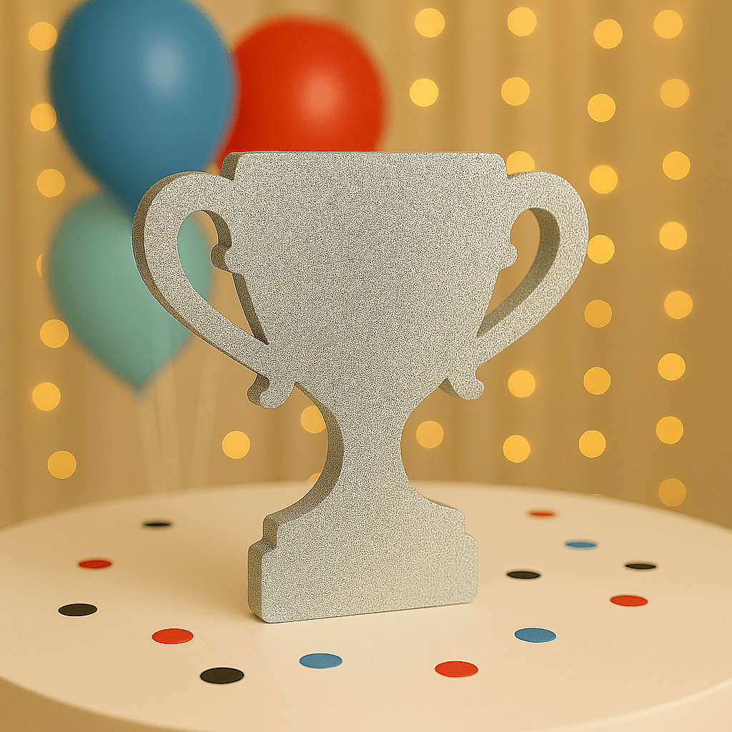 Silver Foam trophy centerpiece for race car themed party décor.