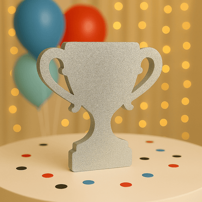 Silver Foam trophy centerpiece for race car themed party décor.