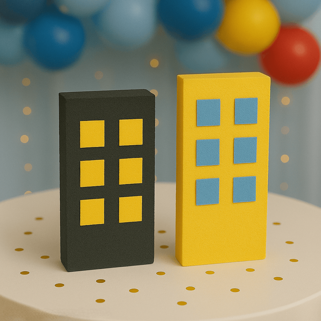 Superhero building centerpiece in black and yellow foam for city skyline party décor