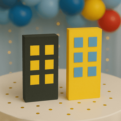 Superhero building centerpiece in black and yellow foam for city skyline party décor