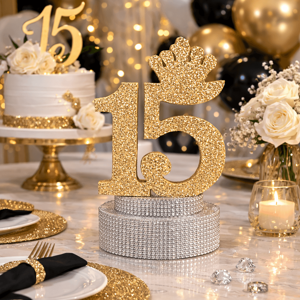 Elegant sweet 15 centerpiece with gold crown number 15 table decoration Quinceañera Centerpiece – Gold Crown 15 Sweet 15 Table Decoration