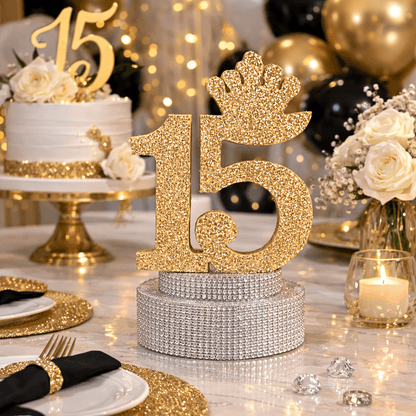 Elegant sweet 15 centerpiece with gold crown number 15 table decoration Quinceañera Centerpiece – Gold Crown 15 Sweet 15 Table Decoration