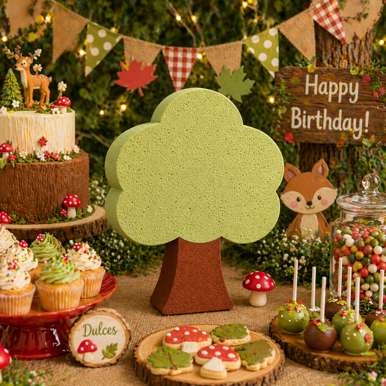Tree cutout centerpiece used as birthday party table decoration with natural theme setup

