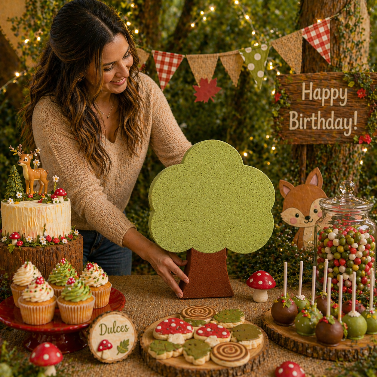 Tree foam cutout centerpiece displayed on party table as nature themed decoration

