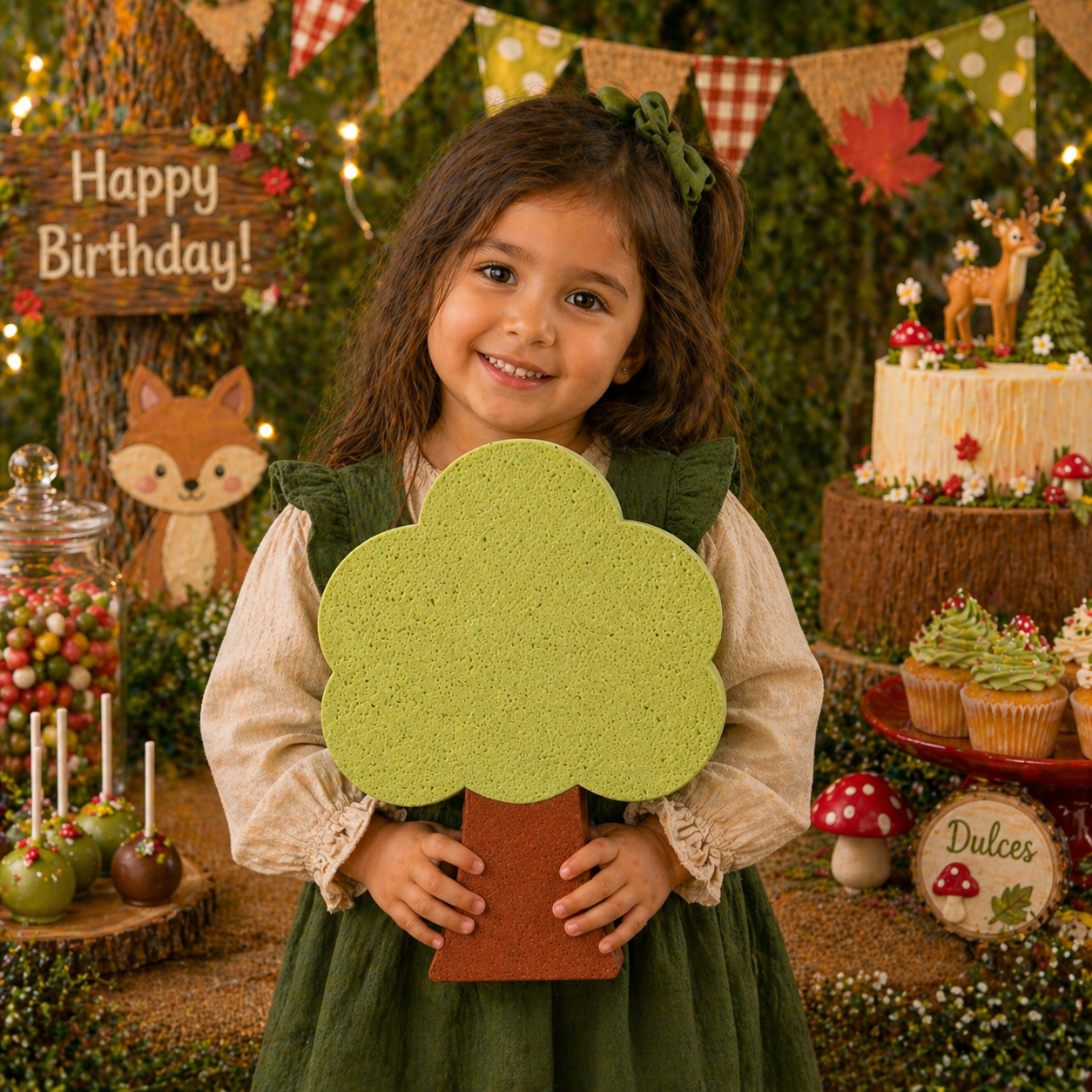 Tree theme party centerpiece cutout used on decorated table for nature birthday setup