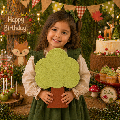 Tree theme party centerpiece cutout used on decorated table for nature birthday setup