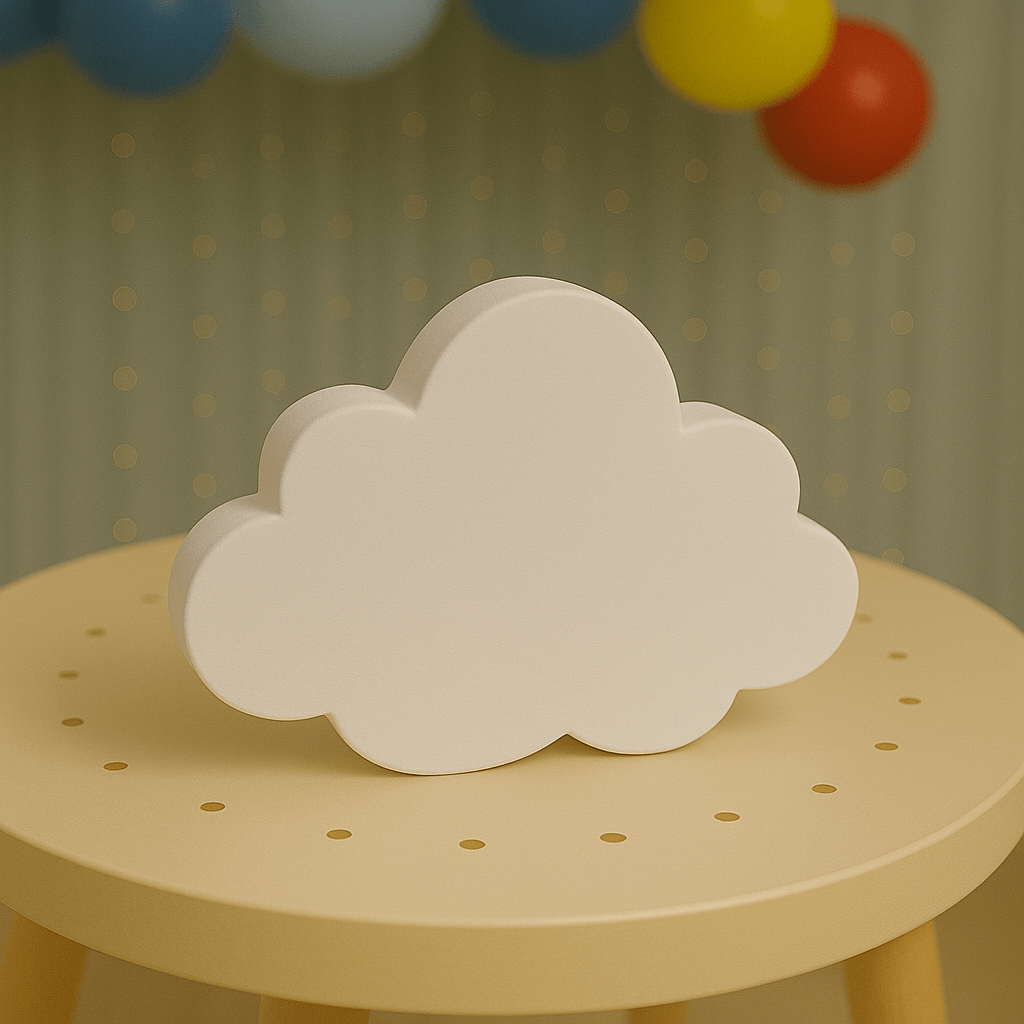 White cloud centerpiece handmade from painted foam for Twinkle Twinkle Little Star birthday decorations