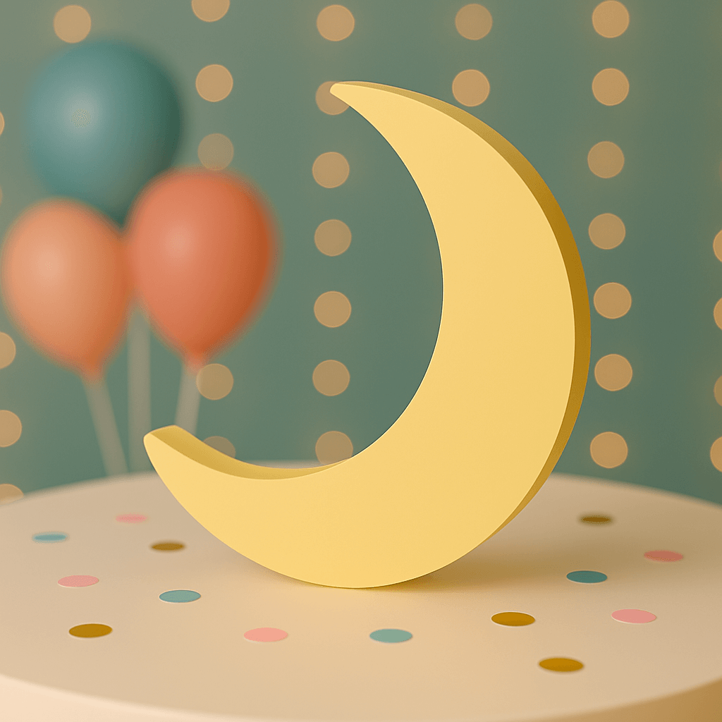 Yellow crescent moon decoration on a polka dot surface with balloons in the background