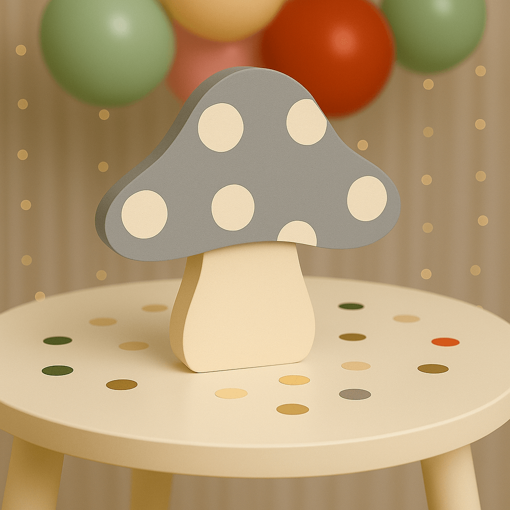 Gray woodland mushroom centerpiece for enchanted forest or fairy garden party table decor