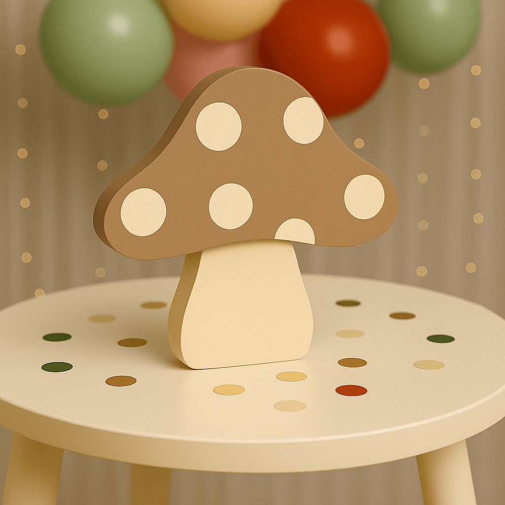Light Brown woodland mushroom centerpiece for forest and woodland party theme table setup
