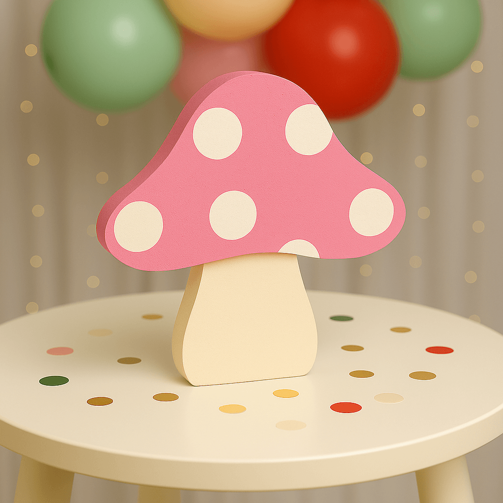 Pink woodland mushroom centerpiece for fairy birthday or enchanted forest decorations